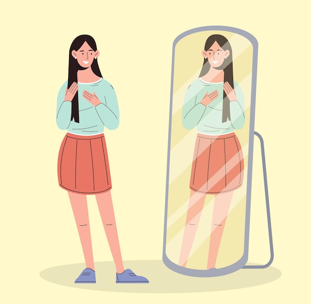 Woman near mirror concept young girl look at her reflection person in casual clothes and apparel