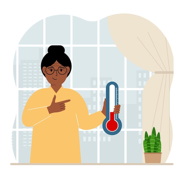 Vector a woman near the window with a device for measuring the temperature in the room