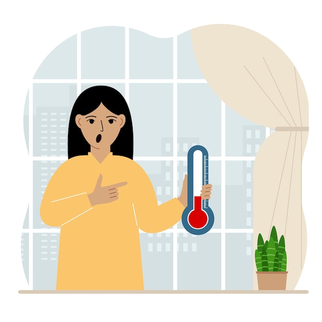 A woman near the window with a device for measuring the temperature in the room