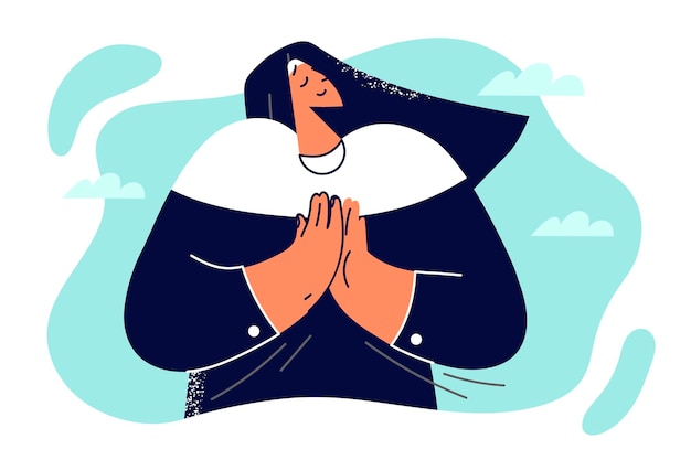 woman nun of christian church folded hands in front of chest to turn to god for help and pray