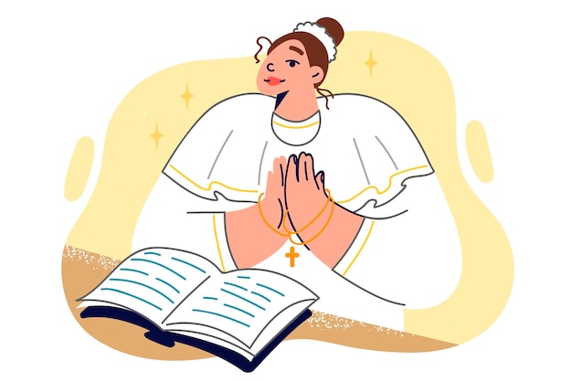 Vector woman nun stands near open bible and holds chain with christian cross in hands making prayer gesture