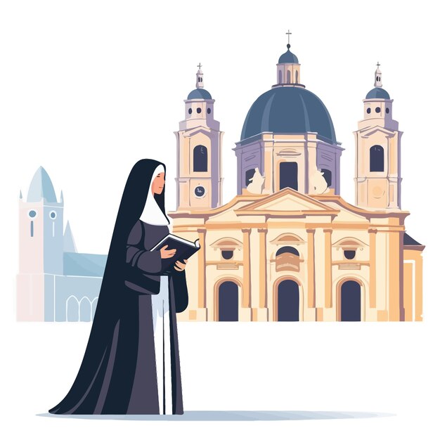 Вектор Женщина-монахиня с библией стоит возле собора.