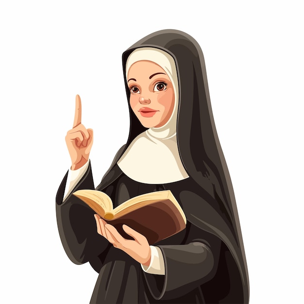 Женщина-монахиня с открытой библией в руках и пальцами.