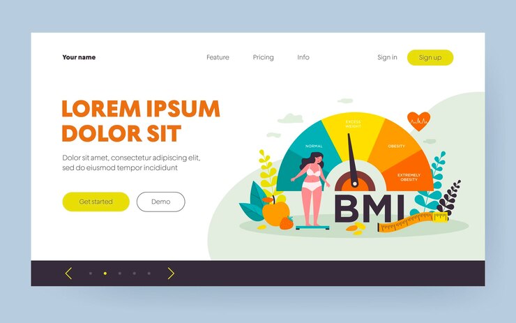 Vector 女性と肥満のチャートは、孤立したフラットベクトル図をスケーリングします。 bmiで体重管理を試みているダイエット中の漫画の人。ボディマス指数とフィットネス運動の概念