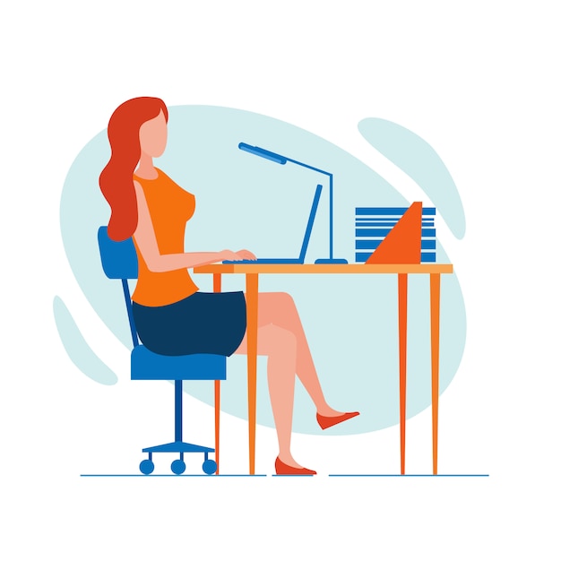 Woman office worker, sitting at desk, working late