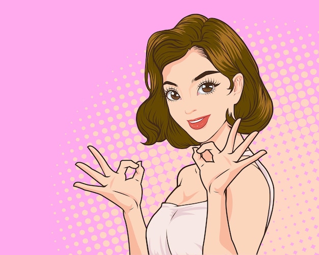 Woman okay gesture with copy space showing pop art retro comic