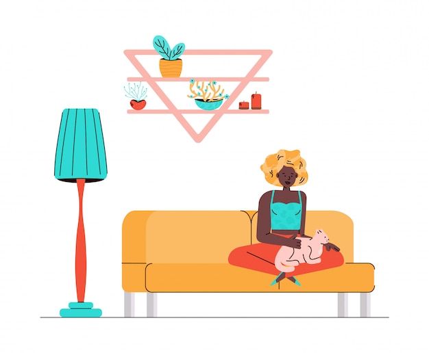 Женщина на диване ласкает кошку, иллюстрация в стиле эскиза