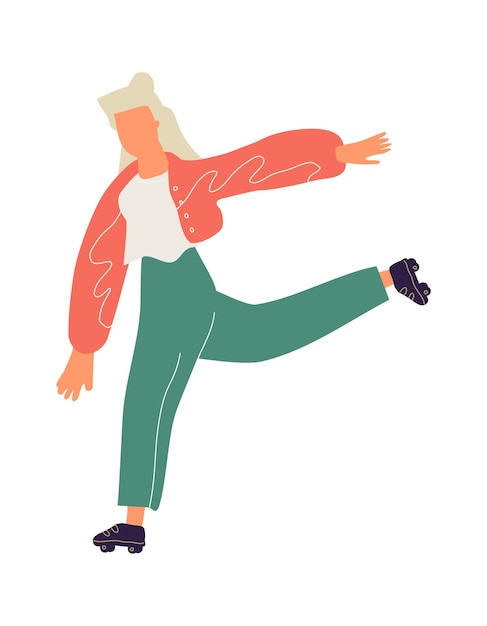 롤러 스케이트에 여자 만화 십 대 스케이팅 바퀴와 부츠에서 캐릭터 춤 팔과 다리를 흔들며 소녀 야외 스포츠 활동 또는 여가 취미 벡터 최소한의 그림