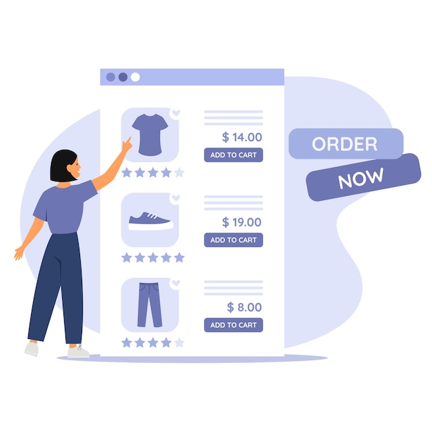 Женщина онлайн-покупки Витрина сайта с одеждой и ценами Купить онлайн концепция Современный вектор
