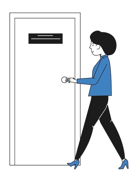 Woman open door. Person coming in office or entering room. Vector illustration