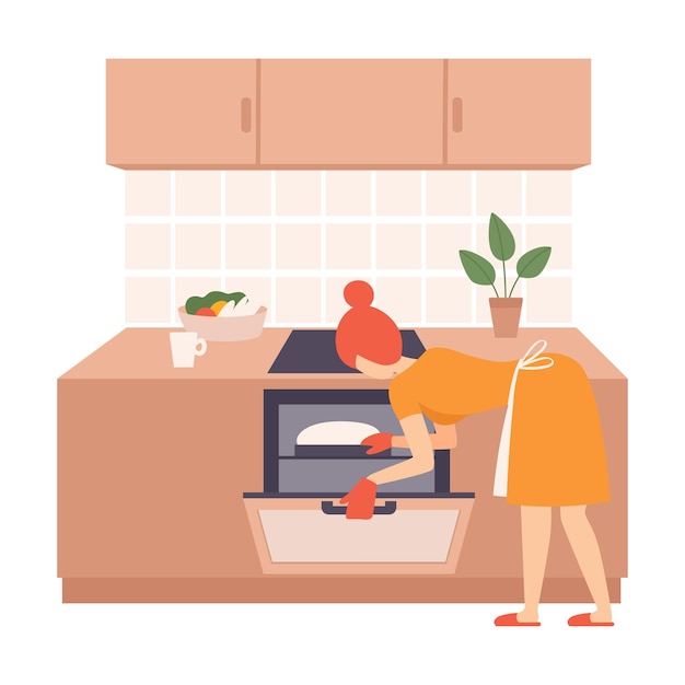 Vector woman opened the oven and looks at the dough vector illustration