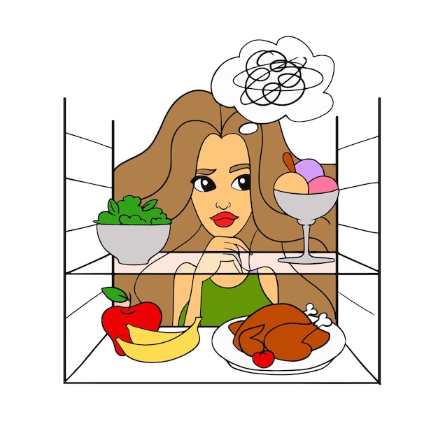 Vector woman opened the refrigerator door thinks what food to choose vector illustration isolated on white background