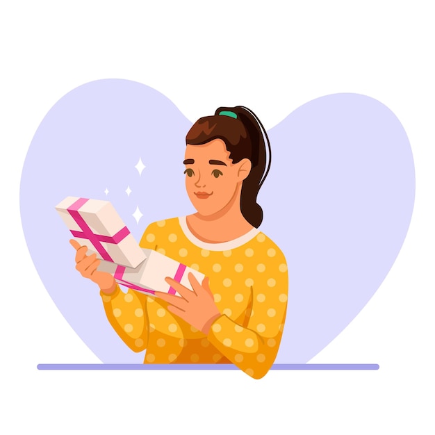woman opening a gift box with excitement vector illustration