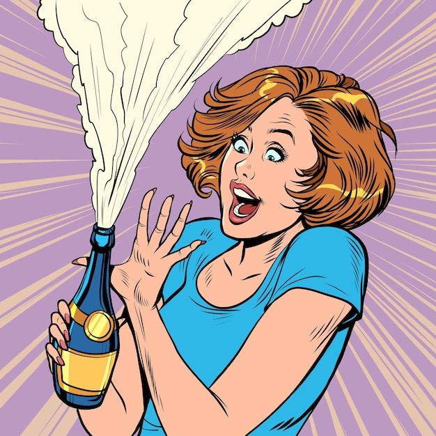 Vector woman opens a bottle of champagne celebration