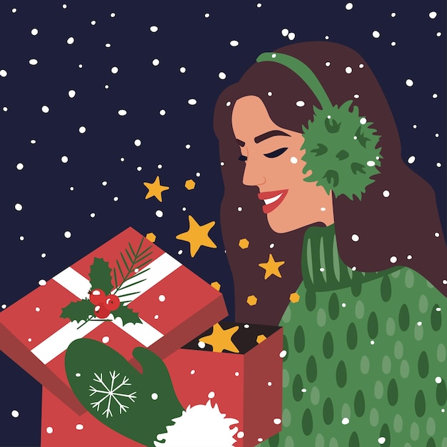 Vector woman opens gift. christmas evening