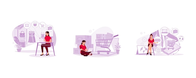 A woman opens an online fashion shop web Boxes in a trolley and a woman sitting and opening a laptop