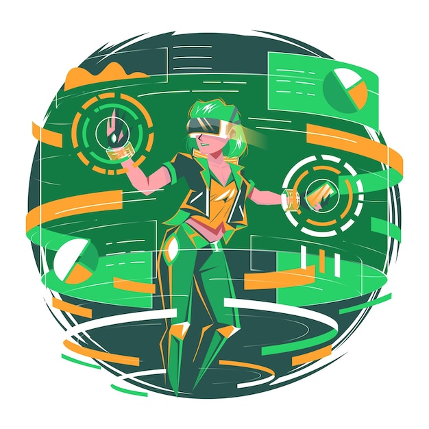 Vector woman operating vr technology