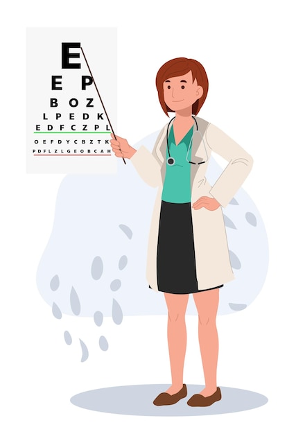 Woman ophthalmologist doctor in medical uniform pointing at eye chartflat vector cartoon character illustration