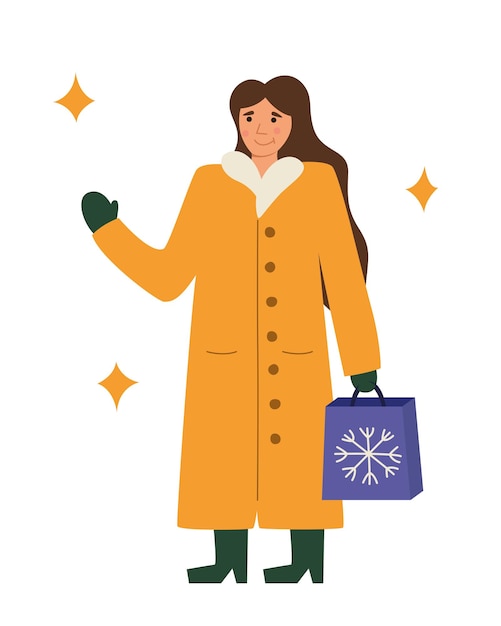 A woman in an orange coat holds a gift bag with a snowflake. Postcard for Christmas