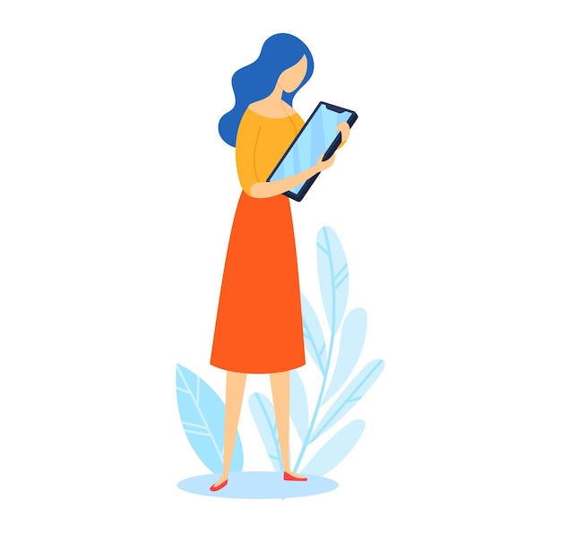 Vector woman in orange dress using tablet bluehaired female reading electronic book modern technology and