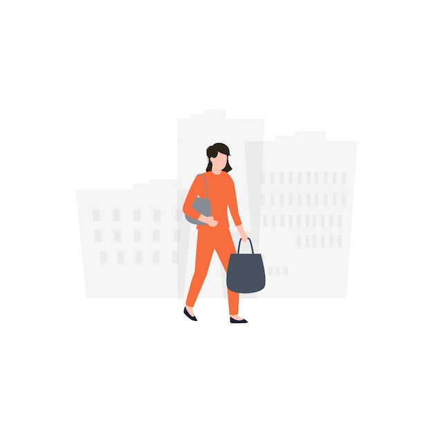 A woman in an orange jumpsuit walks in front of a cityscape.