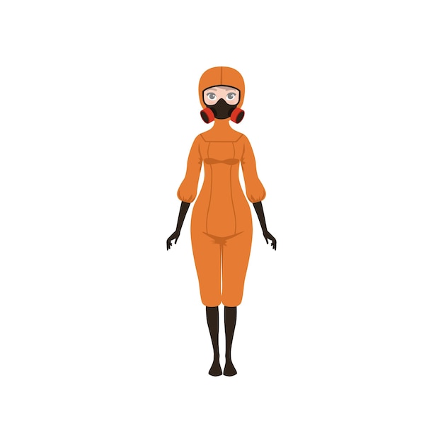 Woman in orange protective costume and gas mask worker with hazardous materials in factories or