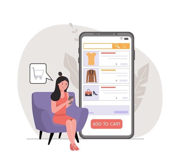 Вектор Женщина заказывает одежду в интернет-магазине через смартфон векторная иллюстрация
