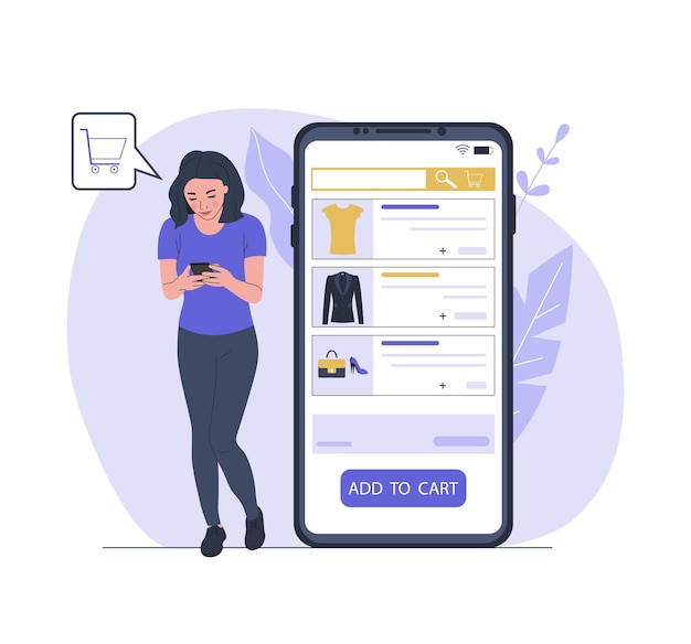 Женщина заказывает одежду в интернет-магазине через смартфон Векторная иллюстрация