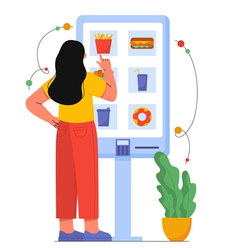 Vector woman ordering food concept young girl near terminal for fast food french fries hamburger donut and coffee soda character in cafe or catering cartoon flat vector illustration