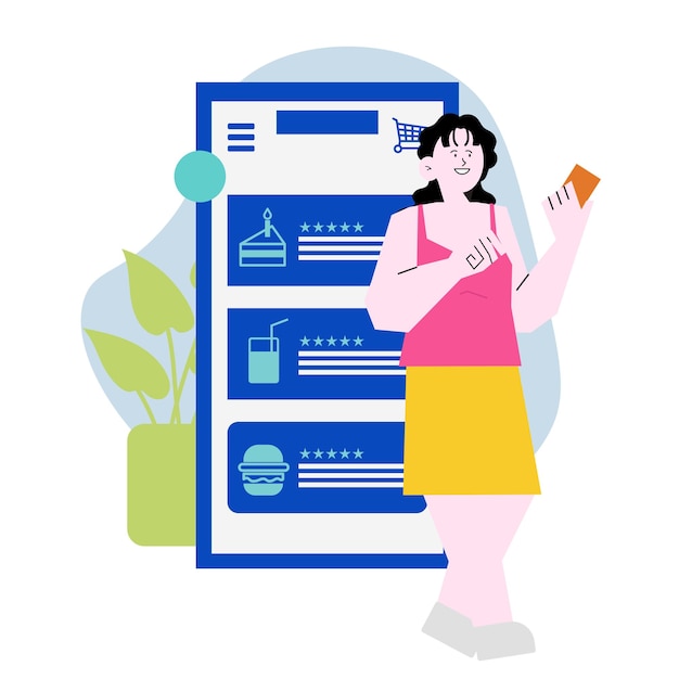 Vector woman ordering food online in flat illustration