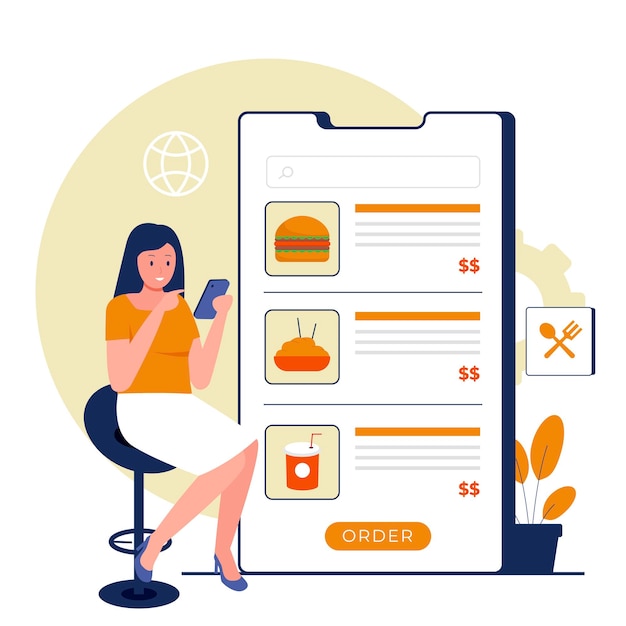 Vector woman ordering food online via apps illustration for websites landing pages mobile applications posters and banners trendy flat vector illustration