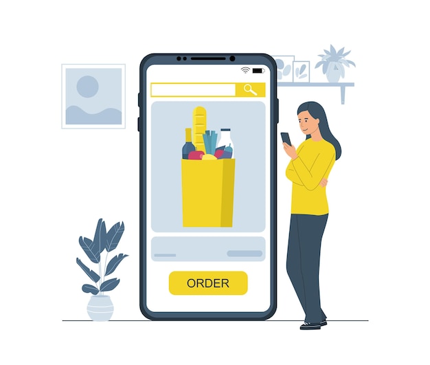 Vector woman ordering groceries for home delivery from her smartphone vector illustration