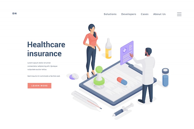 Woman ordering healthcare insurance from agent.   illustration