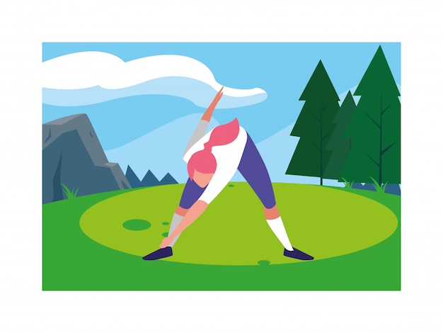 Woman outdoors practicing yoga with landscape