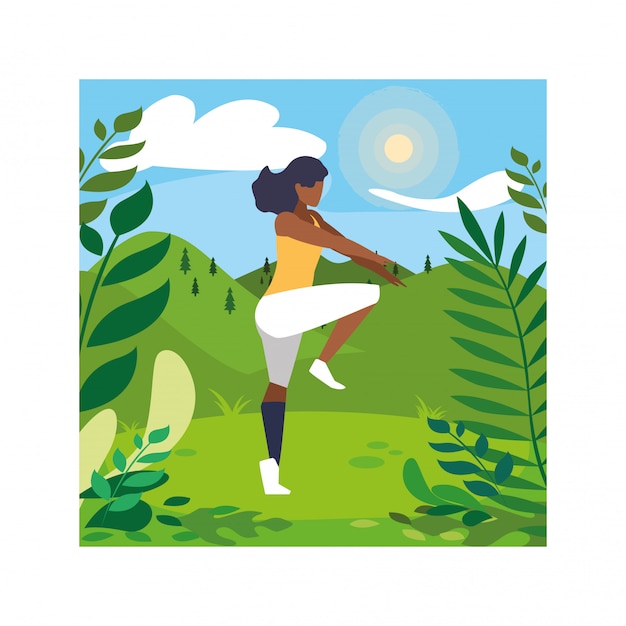 Vector woman outdoors practicing yoga with landscape