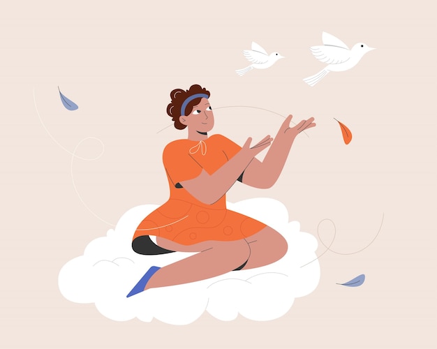 雲と自由な鳥の上の女性