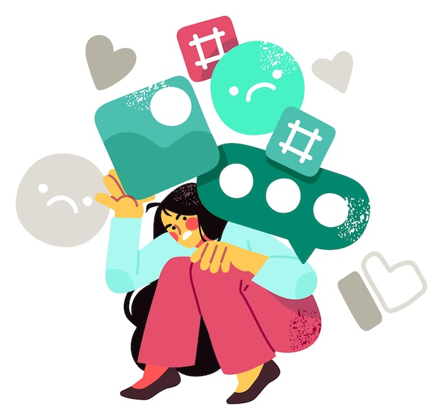 Vector woman overwhelmed by social media notifications