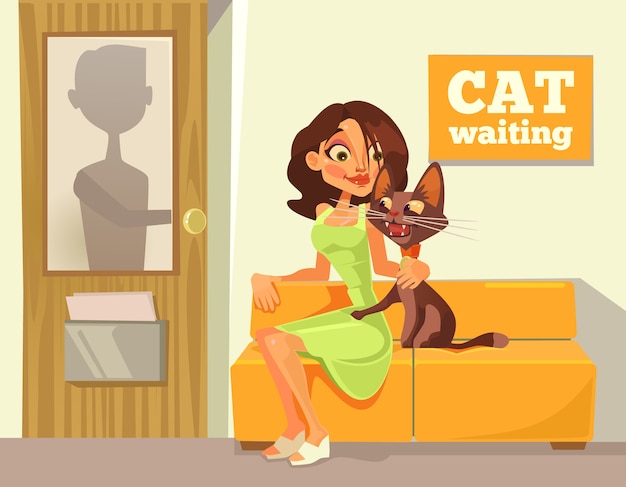 Woman owner with cat character sitting and waiting wet doctor cartoon illustration