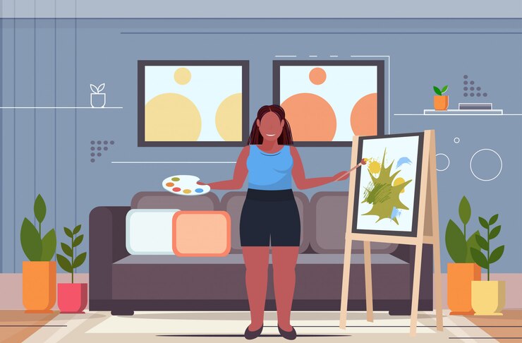 Vector   woman painter using paintbrush  overweight girl artist painting on easel art creativity concept modern living room interior full length flat horizontal