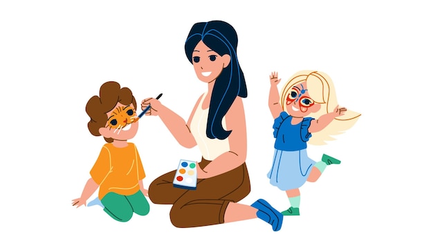 Woman painting children face with paint vector