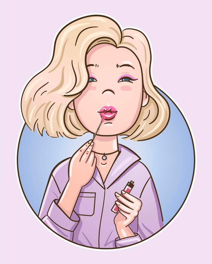 Vector 여자는 립스틱으로 입술을 그립니다.