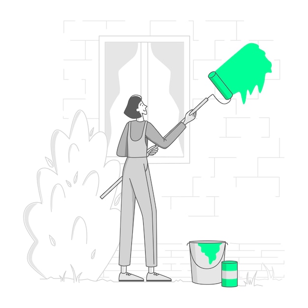 Vector woman paints the walls of a house