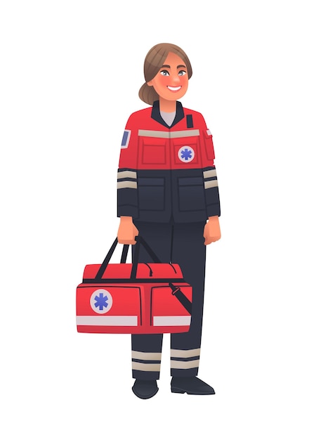 Woman paramedic in full length on a white background with a first aid bag Emergency ambulance worker