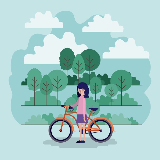 Vector woman in the park scene with bicycle