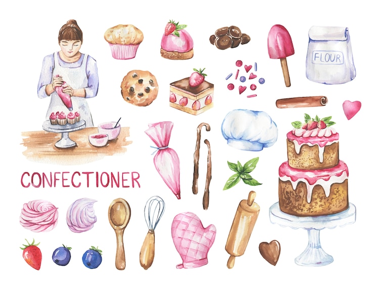 Woman pastry chef and collection of cakes, kitchen items.