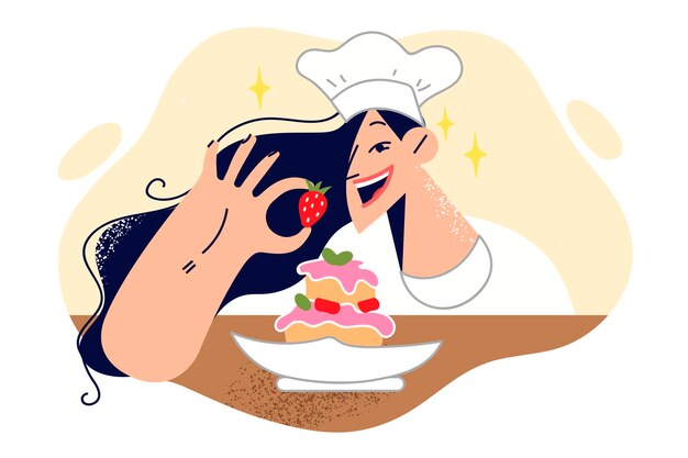 Vector woman pastry chef prepares cake with berries and smiling decorates dessert with strawberries