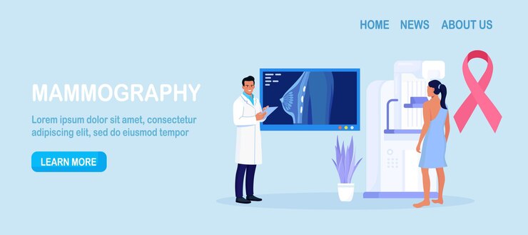 Vector woman patient getting breast screening test, mammography on x-ray machine. doctor oncologist diagnose oncology, breast cancer. mammogram fluorography on screen. healthcare and medical examination