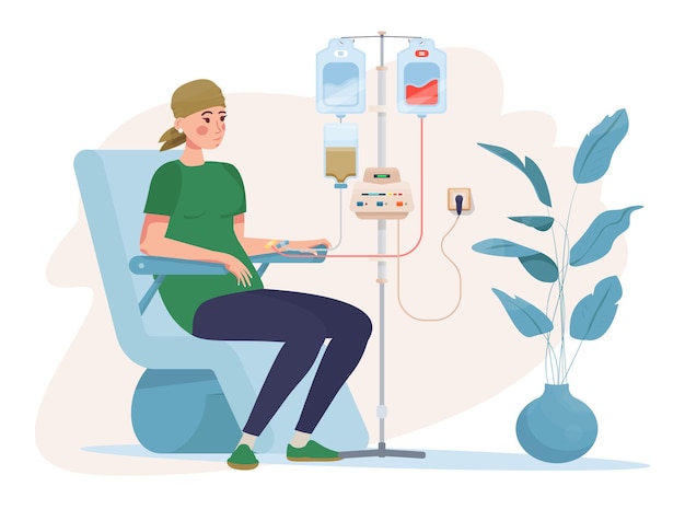 Vector woman patient having chemotherapy oncology concept patient undergoing chemo with a dropper