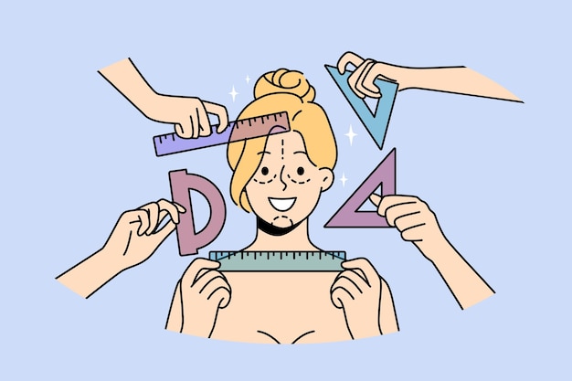 woman patient of plastic surgery clinic with lines on face and rulers in hands of doctors