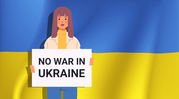 ウクライナの平和のために抗議バナーを保持している女性の愛国者は、ロシアからウクライナを救う戦争の概念の肖像画水平ベクトル図を停止します。